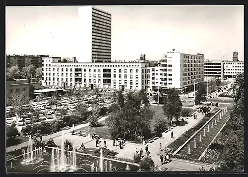 AK Karlsruhe i. B., Festplatz mit Hochhaus aus der Vogelschau