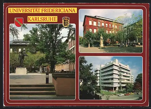AK Karlsruhe, Universität Fridericiana mit modernem Gebäude, Wappen