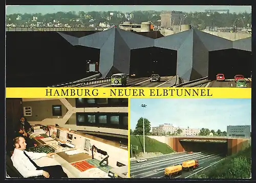 AK Hamburg, Neuer Elbtunnel mit Autos, Kontrollraum