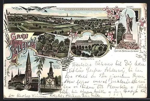 Lithographie Schleswig, Totalansicht, Kanonen-Denkmal, Dom, Neuwerk