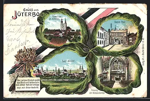 Passepartout-Lithographie Jüterbog, St. Nikolai-Kirche, Damm Thor, Totalansicht, Kleeblatt