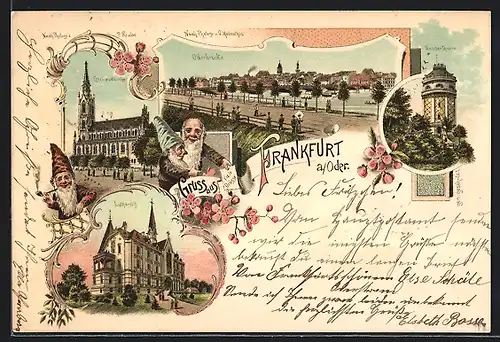 Lithographie Frankfurt a. O., Lutherstift, Oderbrücke, Wasserthurm, Zwerg
