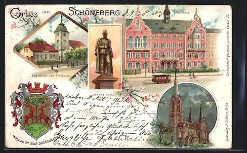 Lithographie Berlin-Schöneberg, Rathaus, Pauluskirche bei Vollmond, Alte Kirche und Pfarrhaus, Wappen der Stadt