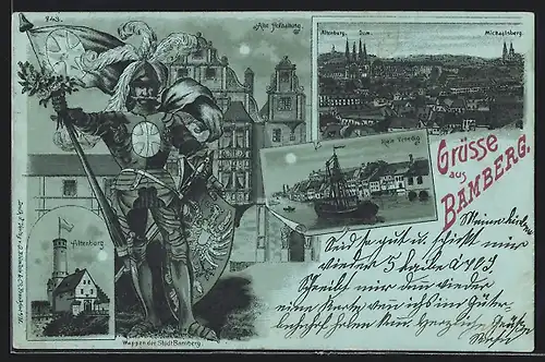 Mondschein-Lithographie Bamberg, Alte Hofhaltung, Ritter mit Wappenschild, Klein Venedig, Ortsansicht