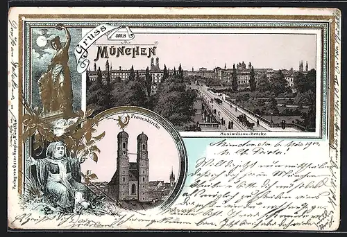Lithographie München, Maximilians-Brücke, Frauenkirche, Bavaria mit Löwe, Münchner Kindl