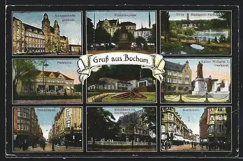 AK Bochum, Knappschaftsgebäude, Friedrichstrasse, Kaiser Wilhelm-Denkmal