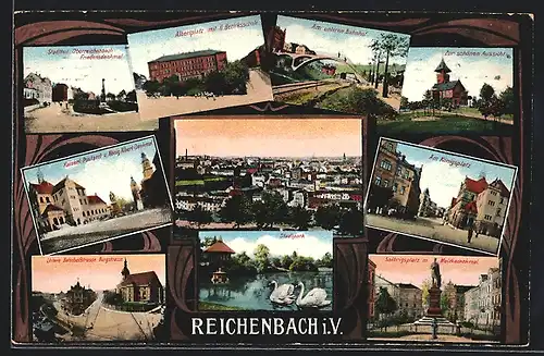 AK Reichenbach i. V., Burgstrasse, Albertplatz mit II. Bezirksschule, Am unteren Bahnhof