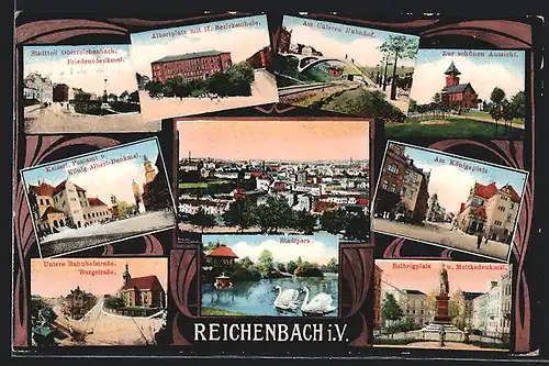 AK Reichenbach i. V., Burgstrasse, Albertplatz mit II. Bezirksschule, Am unteren Bahnhof