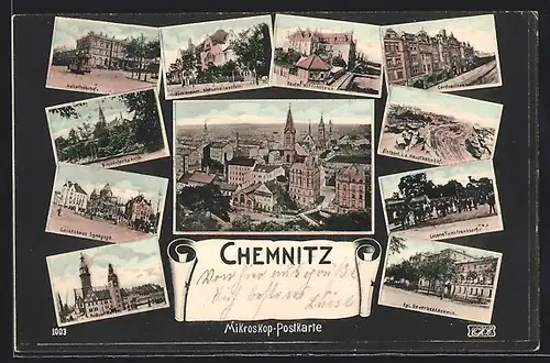 AK Chemnitz, Zimmerm. Naturheilanstalt, Gewerbeakademie, Hauptbahnhof und weitere Ansichten
