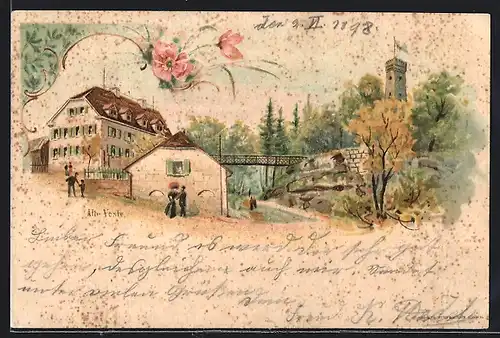 Lithographie Zirndorf, Gasthaus und Ruine Alte Veste