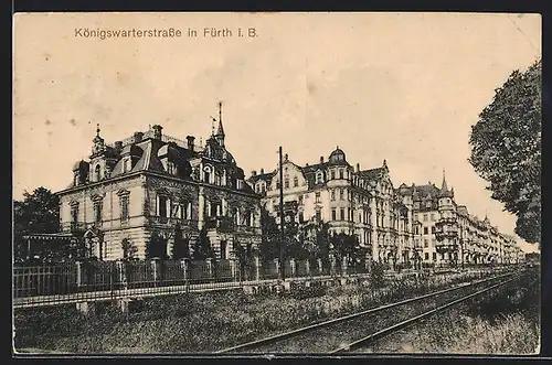 AK Fürth i. B., Königswartherstrasse mit Villen und Bahnschienen