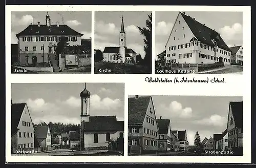 AK Waldstetten bei Ichenhausen /Schwb., Kaufhaus Ketterle, Ortspartie mit Kirche, Strassenpartie