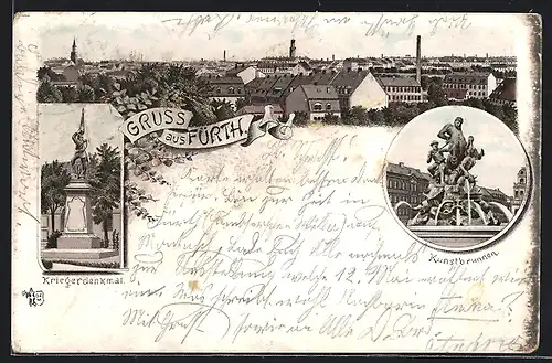 Lithographie Fürth, Kriegerdenkmal, Kunstbrunnen, Teilansicht von oben