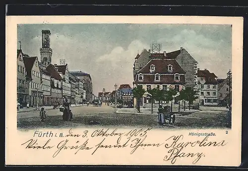 AK Fürth i. B., Königsstrasse mit Turm, Passantinnen, Karren, Kinderwagen