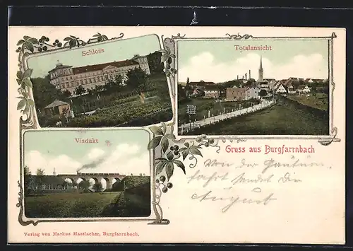Passepartout-AK Burgfarrnbach, Viadukt, Schloss, Totalansicht