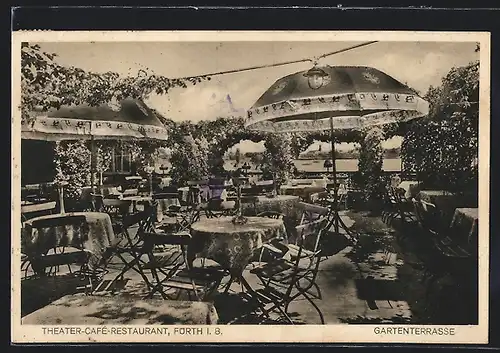 AK Fürth i. B., Theater-Cafe-Restaurant K. Ruttmann, Königstr. 11, Gartenterrasse mit Sonnenschirmen und Wasserblick