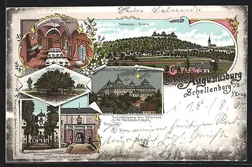 Lithographie Schellenberg i. S., Schloss Augustusburg Ostseite, Inneres Speise-Saal mit Kamin, Schloss-Linde