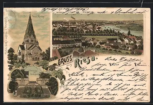 Lithographie Riesa, Ortsansicht aus der Vogelschau, Neue Kirche, Freitreppe im Stadtparck