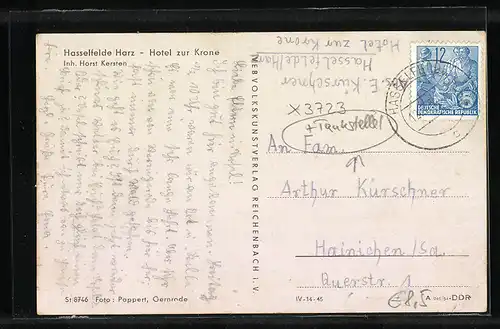 AK Hasselfelde /Harz, Hotel zur Krone H. Kersten, Strassenansicht