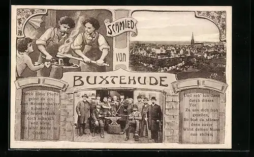 AK Buxtehude, Ortspanorama aus der Vogelschau und Bild vom Schmied