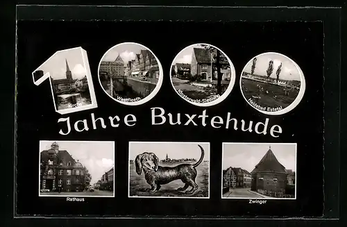 Passepartout-AK Buxtehude, 100 Jahre Buxtehude, Westfleeth, Zwinger, Rathaus, Dackel