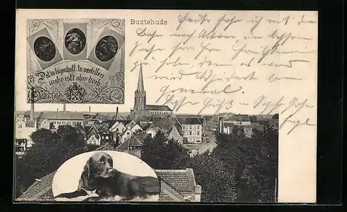 AK Buxtehude, Panorama mit Hund u. Masken