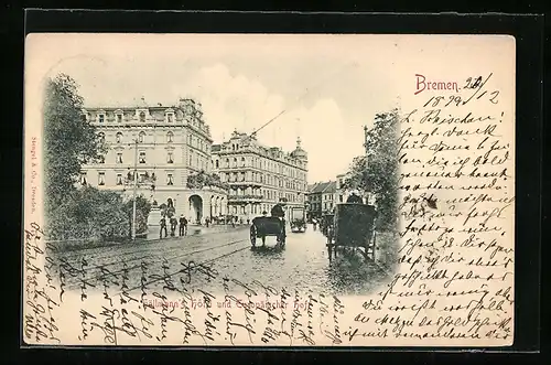 AK Bremen, Höllmanns Hotel und Europäischer Hof mit Strasse und Kutschen