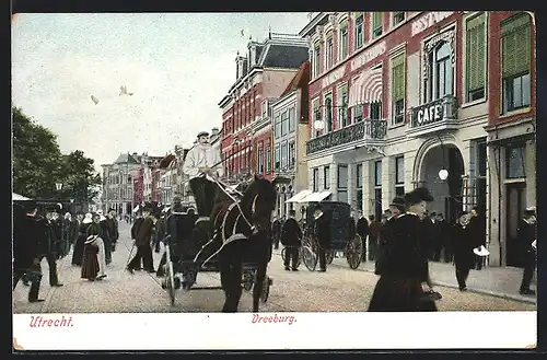 AK Utrecht, Vreeburg mit Café und Pferdekutsche