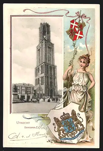 Passepartout-Lithographie Utrecht, Dom, Wappenträgerin, Wappen