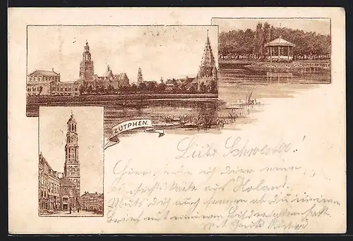 Lithographie Zutphen, Strassenpartie mit Kirche, Pavillon am Ufer, Panorama vom Wasser aus