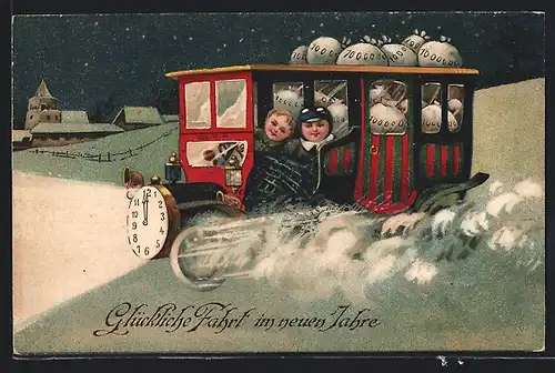 Präge-AK Fahrt mit dem Auto ins neue Jahr, Geldsäcke und Uhr