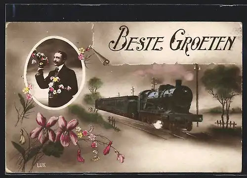 AK Belgische Eisenbahn, Kavalier mit Blumenstrauss