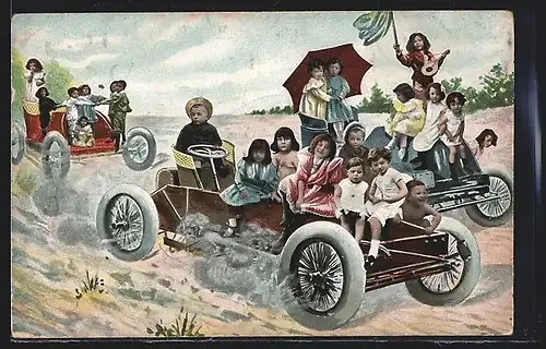 AK Kinder im Auto bei ausgelassener Fahrt, Fotomontage