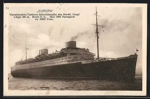 AK Passagierschiff Europa des Nordd. Lloyd