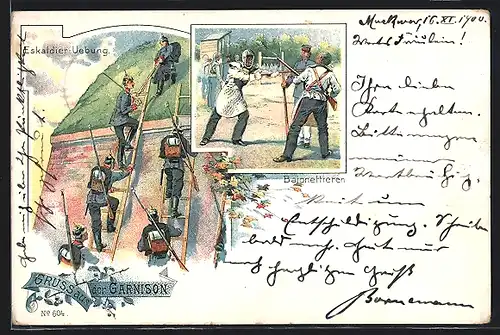 Lithographie Infanterie-Soldaten bei Eskaldier-Übungen und beim Bajonettieren