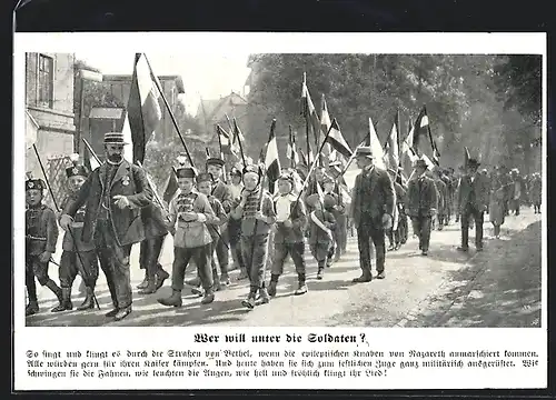 AK Kinder in Soldatenuniformen marschieren mit Flaggen in den Krieg