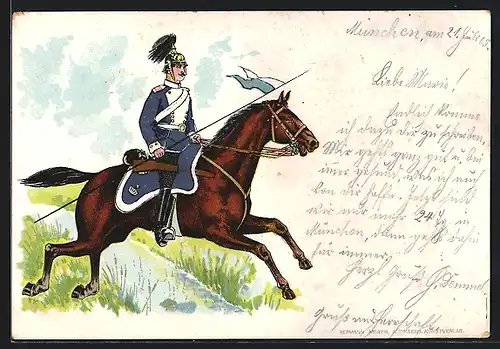 Präge-AK Kavallerie-Soldat in Uniform mit Lanze