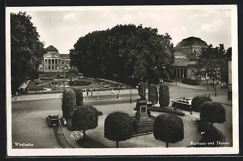 AK Wiesbaden, Kurhaus und Theater mit Denkmal