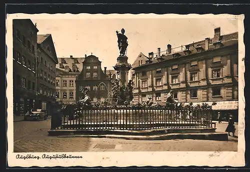 AK Augsburg, Strassenpartie mit Geschäften und Augustusbrunnen