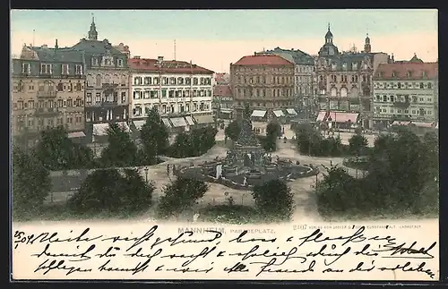 AK Mannheim, Paradeplatz mit Hotel Pfälzer Hof und Brunnen