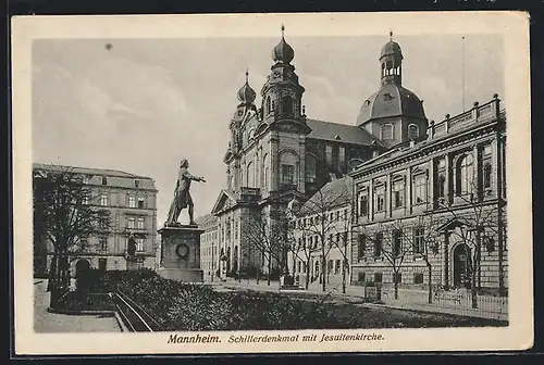 AK Mannheim, Schillerdenkmal mit Jesuitenkirche