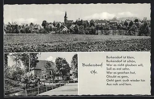 AK Burkersdorf / Ofr., Gasthaus zur Bayernschanze, Totale mit Kirche