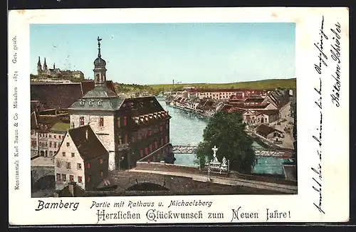 Goldfenster-AK Bamberg, Rathaus und Michaelsberg mit leuchtenden Fenstern