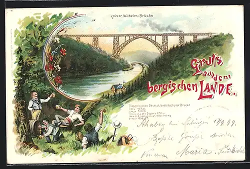 Lithographie Müngsten, Müngstener Brücke - Kaiser Wilhelm Brücke, Bier trinkende Männer, Bergisches Land