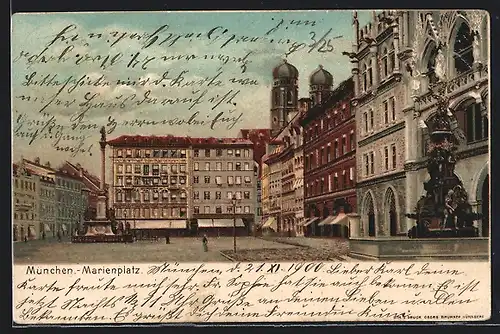 Lithographie München, Marienplatz, Frauenkirche