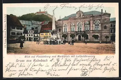 AK Kulmbach, Blick auf Plassenburg und Marktplatz mit Luitpoldbrunnen