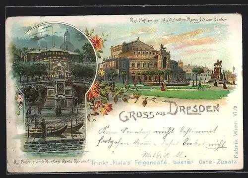 Lithographie Dresden, Kgl. Hoftheater mit König Johann-Denkmal, Kgl. Belvedere bei Vollmond