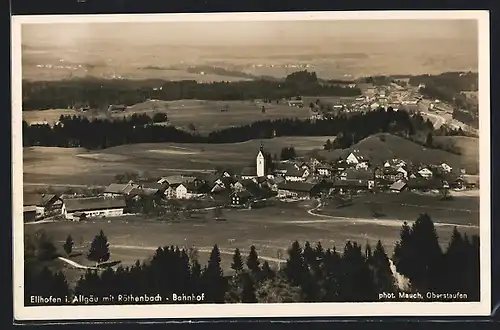 AK Ellhofen /Allg., Gesamtansicht mit Röthenbach-Bahnhof und Fernblick