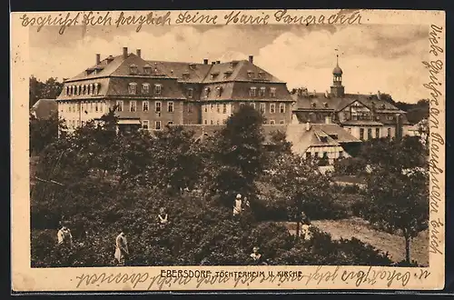 AK Ebersdorf, Töchterheim und Kirche, mit Mädchen bei der Gartenarbeit