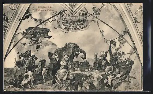 AK München, Wandgemälde im Rathauskeller